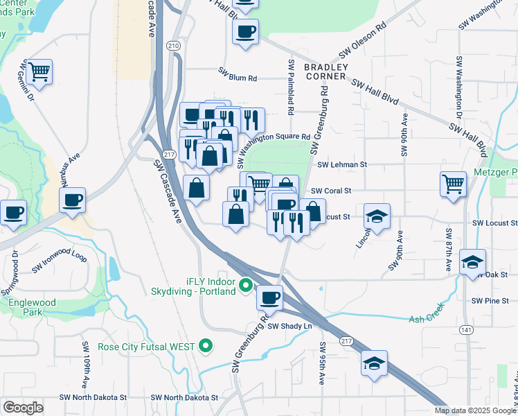 map of restaurants, bars, coffee shops, grocery stores, and more near 10114 Southwest Washington Square Road in Portland