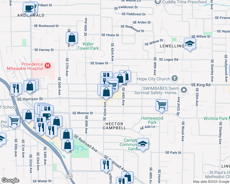 map of restaurants, bars, coffee shops, grocery stores, and more near 10505 Southeast 44th Avenue in Milwaukie