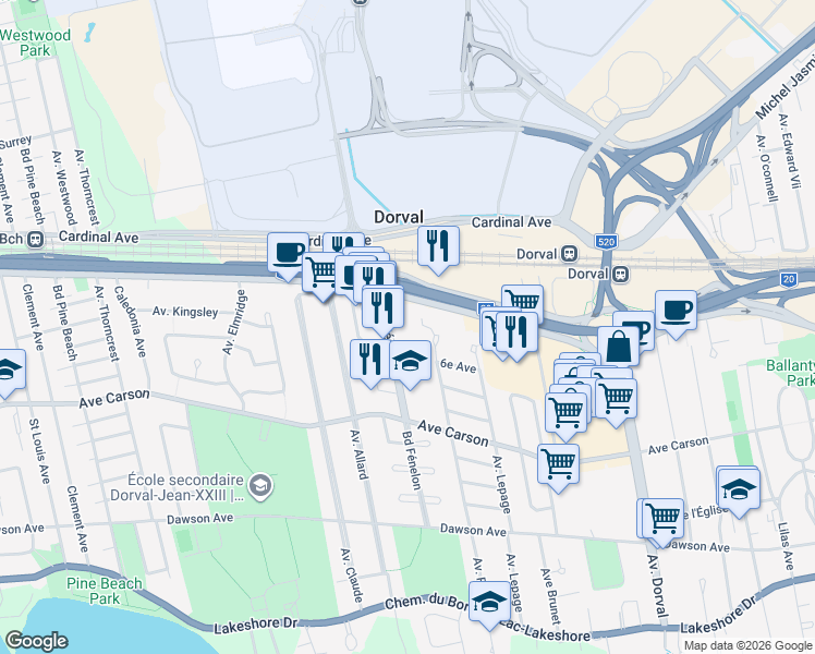 map of restaurants, bars, coffee shops, grocery stores, and more near 455 Boulevard Fénelon in Dorval