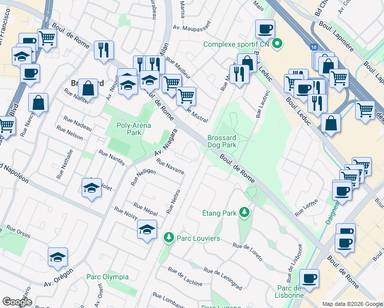 map of restaurants, bars, coffee shops, grocery stores, and more near 5050 Place Nogent in Brossard