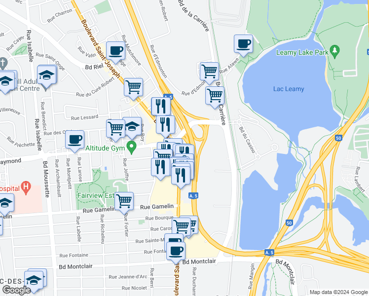 map of restaurants, bars, coffee shops, grocery stores, and more near 490 Boulevard Saint-Joseph in Gatineau