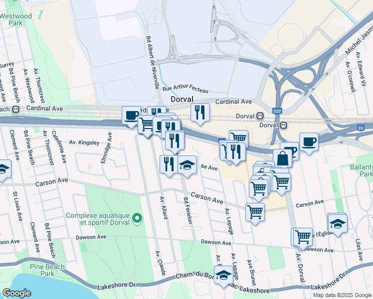 map of restaurants, bars, coffee shops, grocery stores, and more near in Dorval