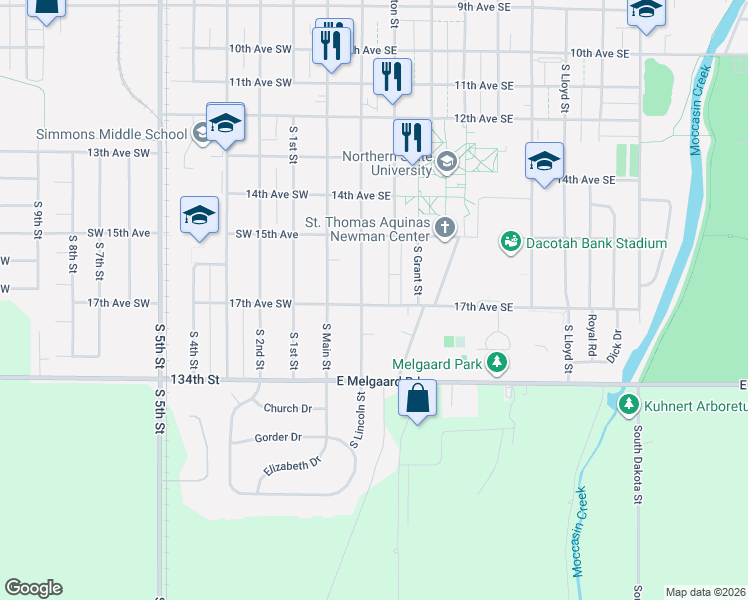 map of restaurants, bars, coffee shops, grocery stores, and more near 200-208 17th Avenue Southeast in Aberdeen