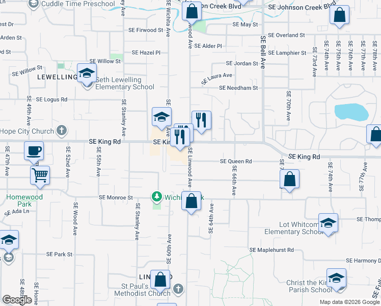 map of restaurants, bars, coffee shops, grocery stores, and more near 6128 Southeast King Road in Milwaukie