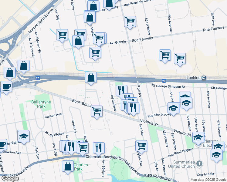 map of restaurants, bars, coffee shops, grocery stores, and more near 475 Boulevard Galland in Dorval