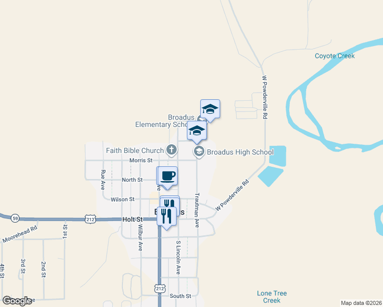 map of restaurants, bars, coffee shops, grocery stores, and more near 405 Trautman Avenue in Broadus