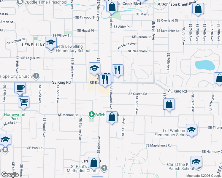 map of restaurants, bars, coffee shops, grocery stores, and more near 6128 Southeast King Road in Milwaukie