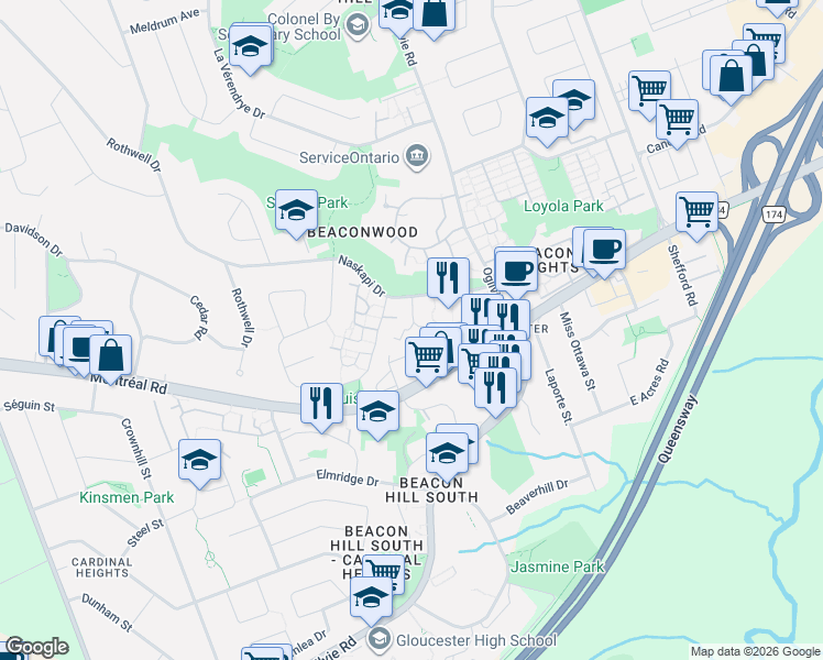 map of restaurants, bars, coffee shops, grocery stores, and more near 1998 Beaconwood Drive in Ottawa