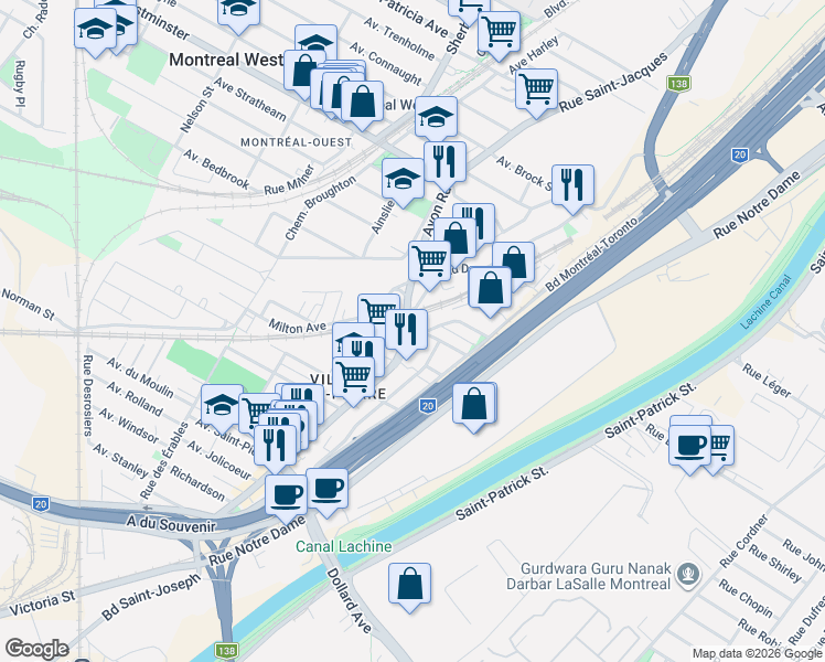 map of restaurants, bars, coffee shops, grocery stores, and more near Rue Saint-Jacques in Montréal
