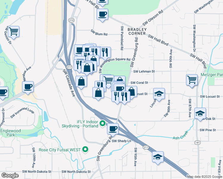 map of restaurants, bars, coffee shops, grocery stores, and more near 10114 Southwest Washington Square Road in Portland