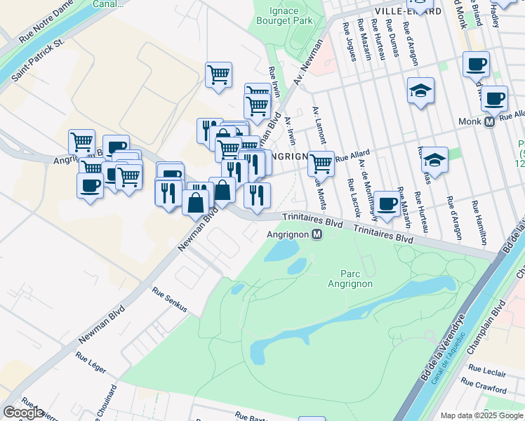 map of restaurants, bars, coffee shops, grocery stores, and more near 1601 Boulevard Angrignon in Montréal