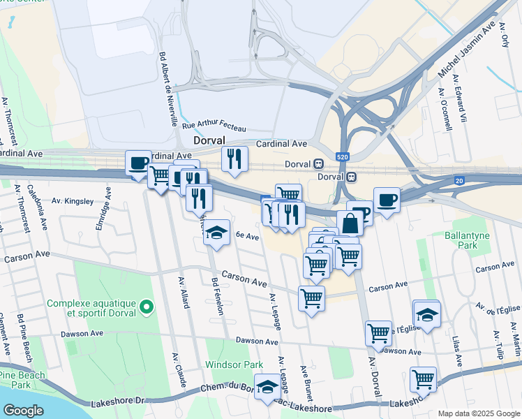 map of restaurants, bars, coffee shops, grocery stores, and more near 990 Chemin Herron in Dorval