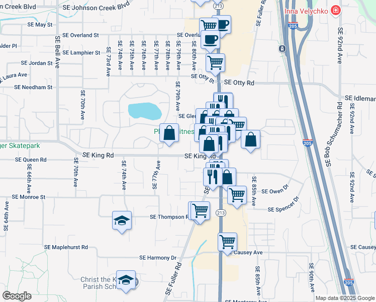 map of restaurants, bars, coffee shops, grocery stores, and more near 7915 Southeast King Road in Milwaukie