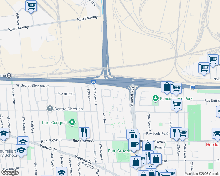 map of restaurants, bars, coffee shops, grocery stores, and more near 3544 Rue Edgar-Leduc in Montréal