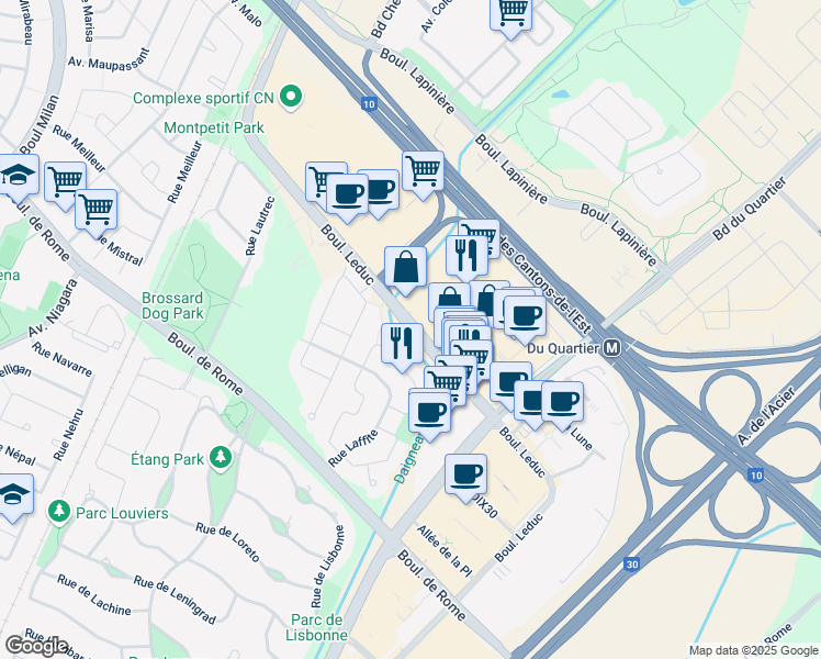 map of restaurants, bars, coffee shops, grocery stores, and more near Boulevard Leduc in Brossard
