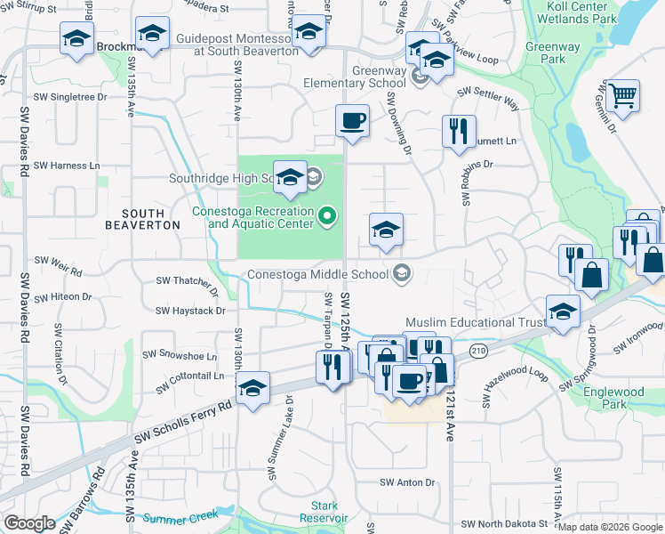 map of restaurants, bars, coffee shops, grocery stores, and more near 12550 Southwest Conestoga Drive in Beaverton