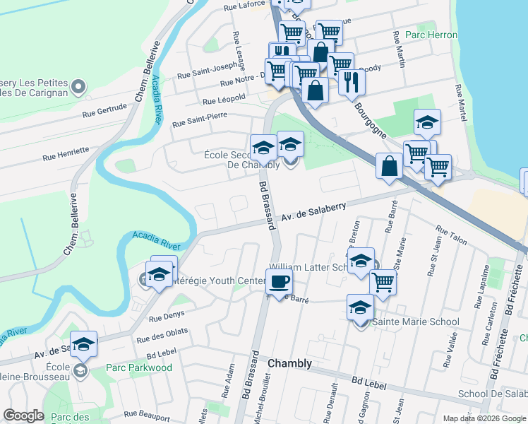 map of restaurants, bars, coffee shops, grocery stores, and more near 618 Boulevard Brassard in Chambly