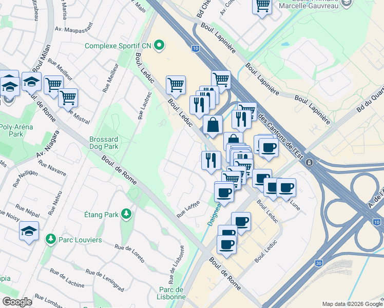 map of restaurants, bars, coffee shops, grocery stores, and more near 7870 Rue Lemelin in Brossard