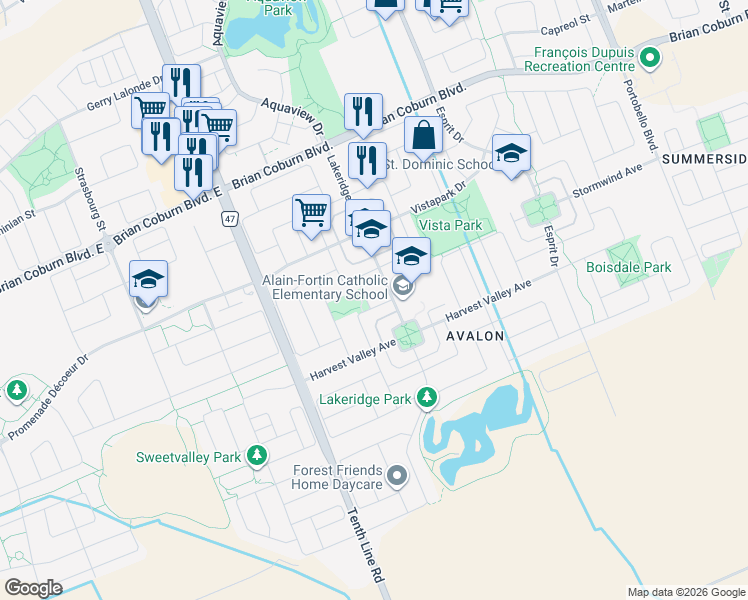 map of restaurants, bars, coffee shops, grocery stores, and more near 522 Allegro Way in Ottawa