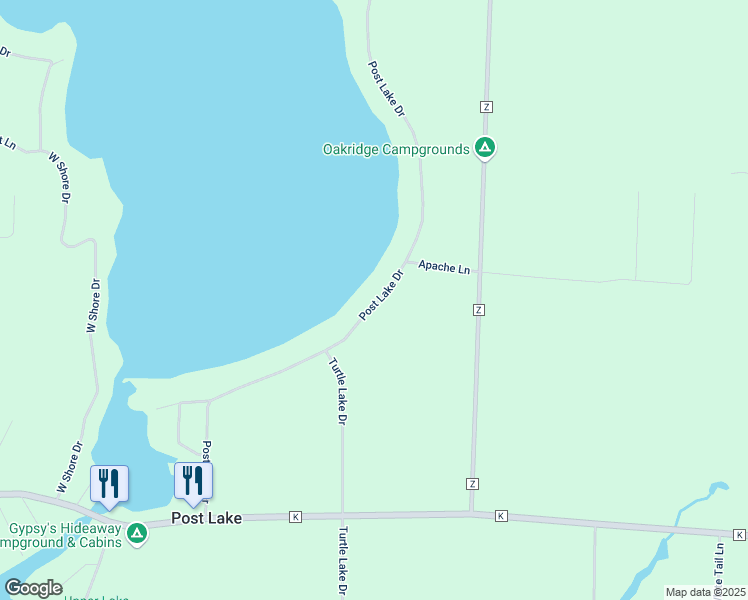 map of restaurants, bars, coffee shops, grocery stores, and more near N11568 Post Lake Drive in Elcho