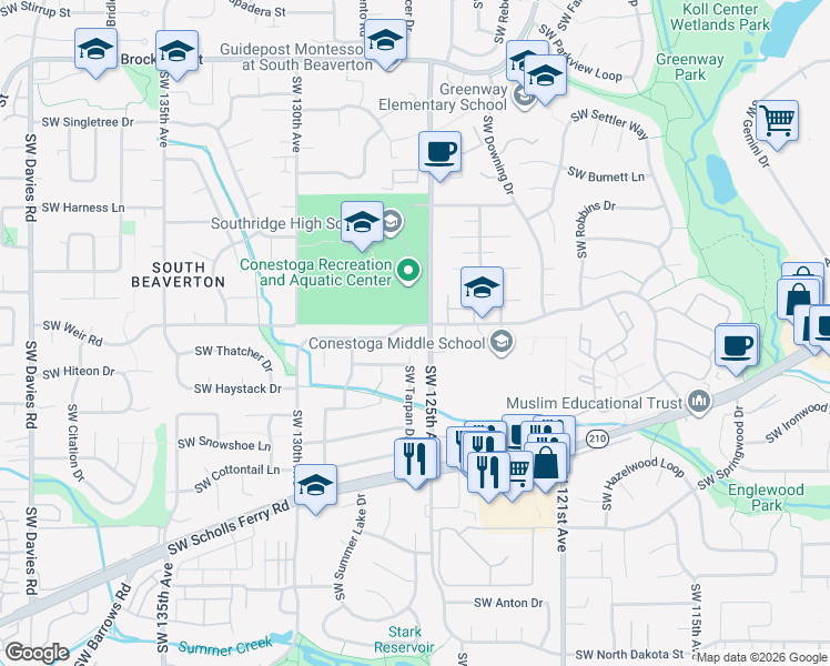 map of restaurants, bars, coffee shops, grocery stores, and more near 12550 Southwest Conestoga Drive in Beaverton
