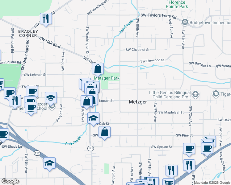 map of restaurants, bars, coffee shops, grocery stores, and more near 10125 Southwest 82nd Avenue in Tigard