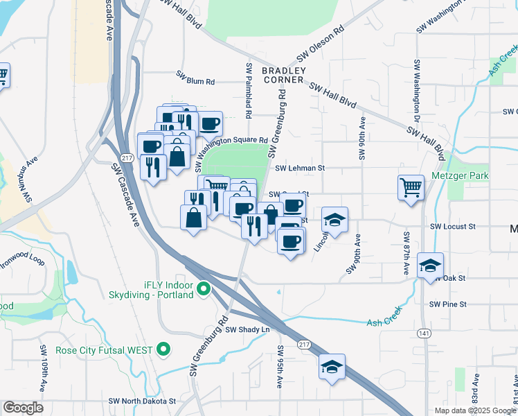 map of restaurants, bars, coffee shops, grocery stores, and more near 10164 Southwest Washington Square Road in Portland