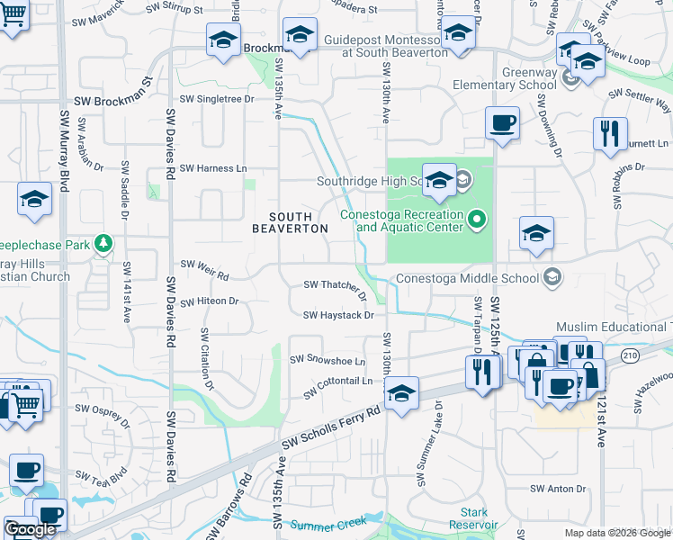 map of restaurants, bars, coffee shops, grocery stores, and more near 13175 Southwest Thatcher Drive in Beaverton