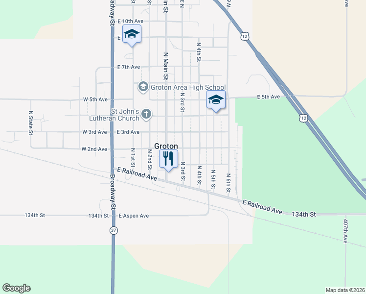 map of restaurants, bars, coffee shops, grocery stores, and more near 101-199 North 3rd Street in Groton