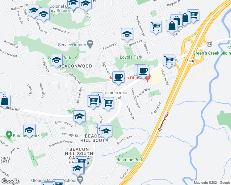 map of restaurants, bars, coffee shops, grocery stores, and more near in Ottawa