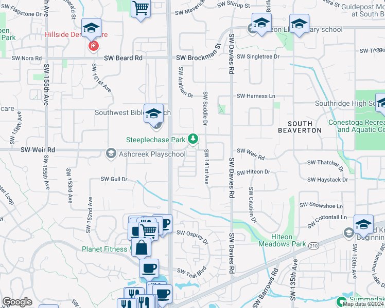 map of restaurants, bars, coffee shops, grocery stores, and more near 14325 Southwest Pasture Lane in Beaverton