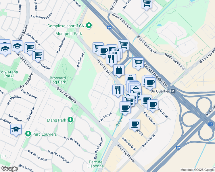 map of restaurants, bars, coffee shops, grocery stores, and more near 7870 Rue Lemelin in Brossard