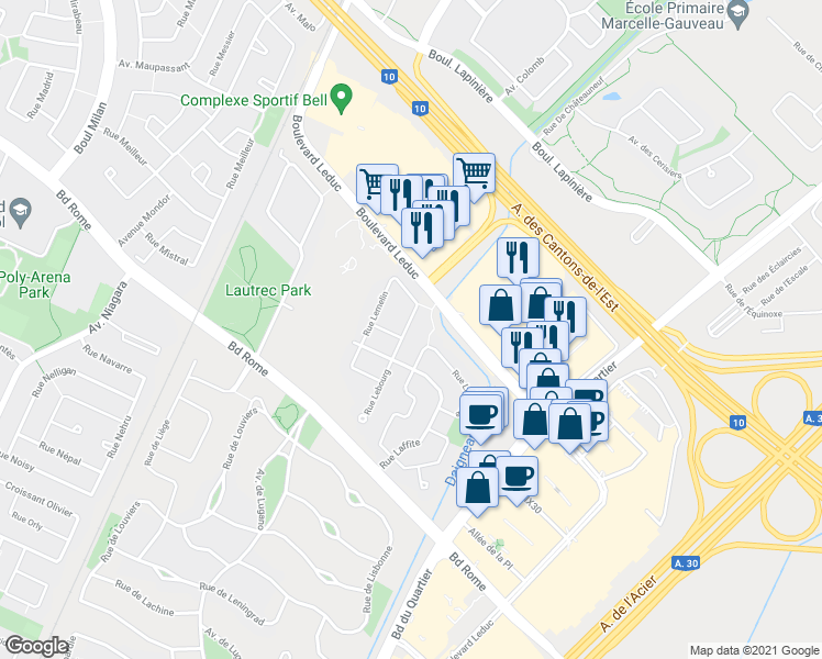 map of restaurants, bars, coffee shops, grocery stores, and more near 7872 Rue Lemelin in Brossard