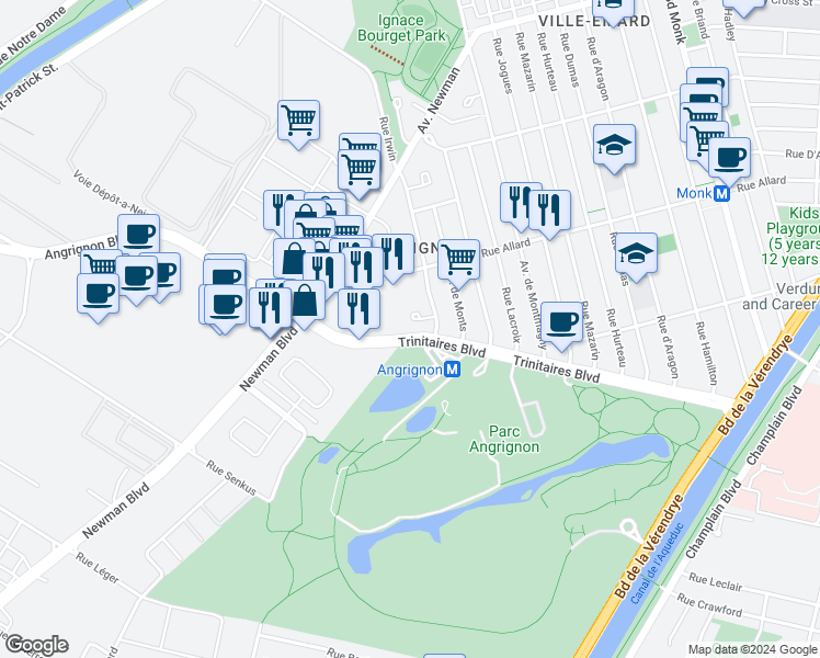 map of restaurants, bars, coffee shops, grocery stores, and more near Boulevard des Trinitaires in Montréal