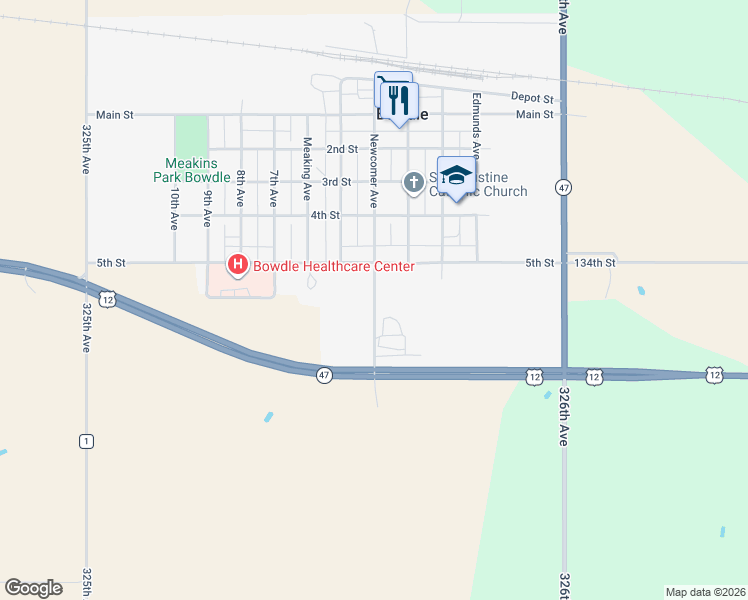 map of restaurants, bars, coffee shops, grocery stores, and more near 5023 4th Avenue in Bowdle