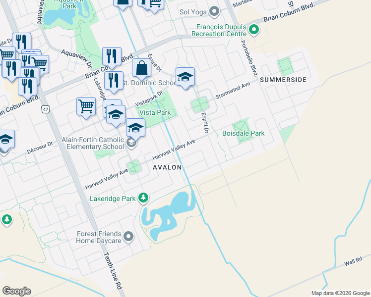 map of restaurants, bars, coffee shops, grocery stores, and more near 491 Harvest Valley Avenue in Ottawa