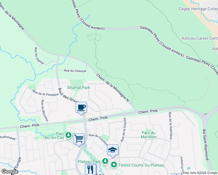 map of restaurants, bars, coffee shops, grocery stores, and more near 929 Chemin de la Montagne Nord in Gatineau