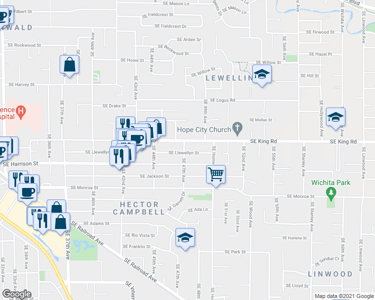 map of restaurants, bars, coffee shops, grocery stores, and more near 10436 Southeast 47th Avenue in Milwaukie