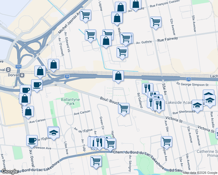 map of restaurants, bars, coffee shops, grocery stores, and more near 215 Boulevard Bouchard in Dorval