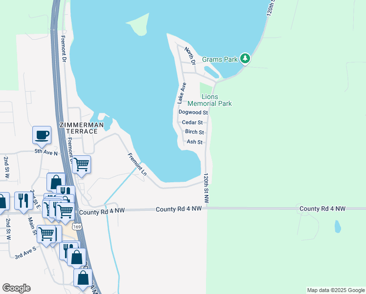 map of restaurants, bars, coffee shops, grocery stores, and more near 26304 Lake Avenue in Zimmerman