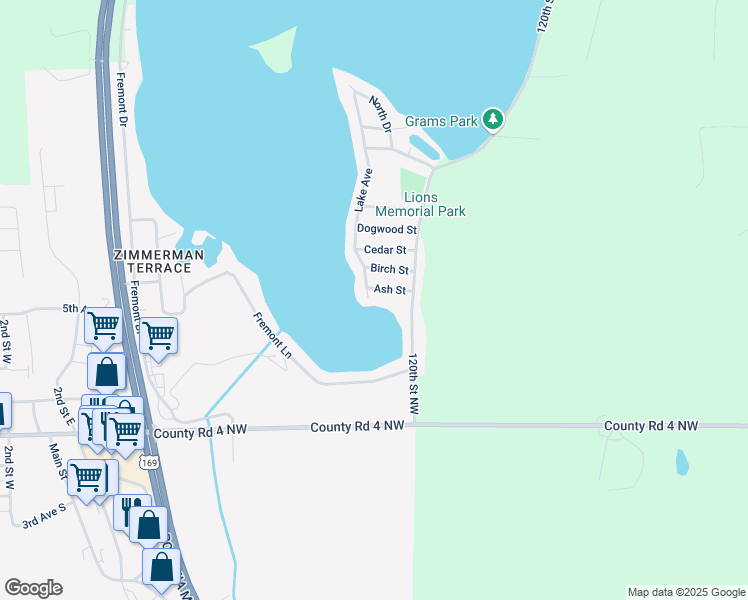 map of restaurants, bars, coffee shops, grocery stores, and more near 26304 Lake Avenue in Zimmerman