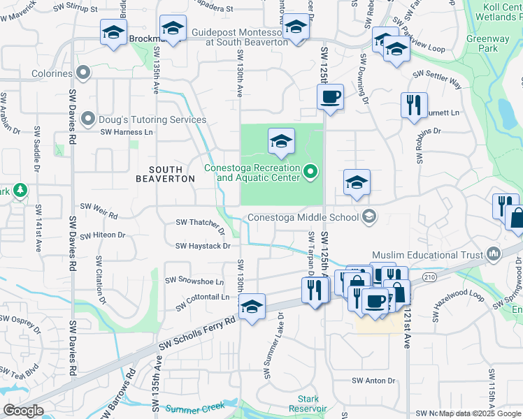 map of restaurants, bars, coffee shops, grocery stores, and more near 12875 Southwest Conestoga Drive in Beaverton