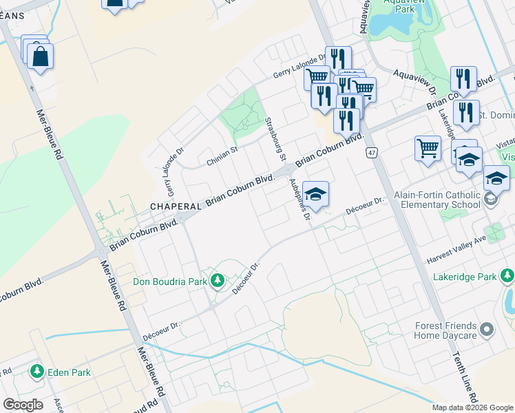 map of restaurants, bars, coffee shops, grocery stores, and more near 260 Mountain Sorrel Way in Ottawa