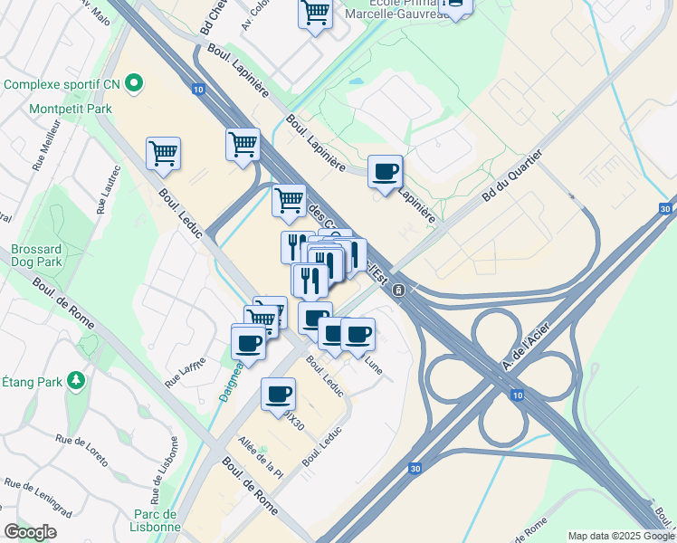 map of restaurants, bars, coffee shops, grocery stores, and more near 9140 Boulevard Leduc in Brossard