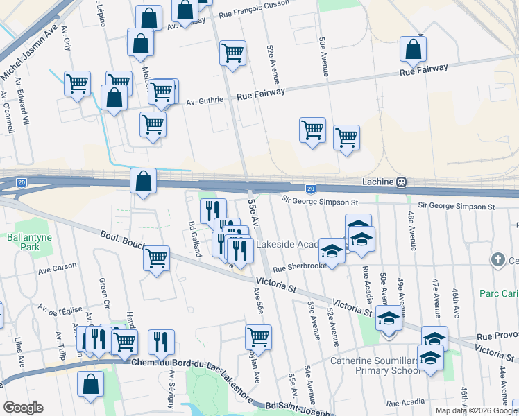 map of restaurants, bars, coffee shops, grocery stores, and more near 900 55e Avenue in Montréal