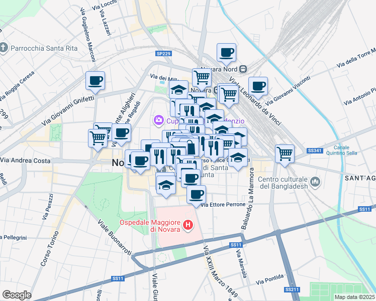 map of restaurants, bars, coffee shops, grocery stores, and more near in Novara