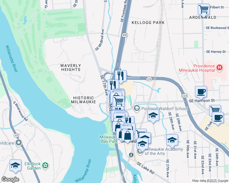 map of restaurants, bars, coffee shops, grocery stores, and more near 10301-10613 SE McLoughlin Blvd in Milwaukie