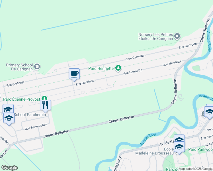 map of restaurants, bars, coffee shops, grocery stores, and more near 3490 Rue Charlotte-Dubuc in Carignan