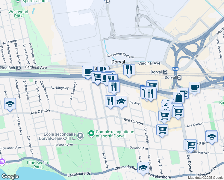 map of restaurants, bars, coffee shops, grocery stores, and more near in Dorval