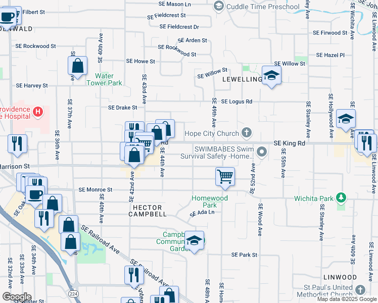 map of restaurants, bars, coffee shops, grocery stores, and more near 10525 Southeast 47th Avenue in Milwaukie